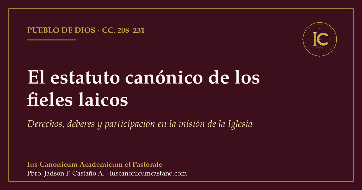 Portada borgoña con filete dorado y el logo del blog: «El estatuto canónico de los fieles laicos. Derechos, deberes y participación en la misión de la Iglesia», cc. 208–231.